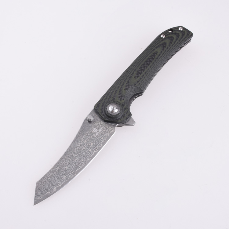 Shieldon Folding Pocket Knife Tortank 9Cr18Mov 67-Layer Damascus Steel Blade G10 + Carbon Fiber Handle 7091D