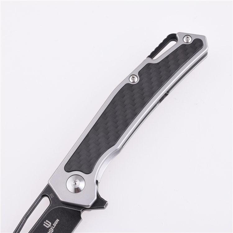 Shieldon Couteau de Poche Pliant Barraskewda D2 Lame 3Cr14 + Manche en Fibre de Carbone 9042S1-S