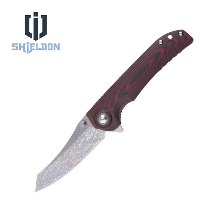 Shieldon Folding Pocket Knife Tortank 9Cr18Mov 67-Layer Damascus Steel Blade G10 + Carbon Fiber Handle 7091D1