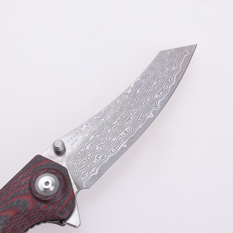 Shieldon Folding Pocket Knife Tortank 9Cr18Mov 67-Layer Damascus Steel Blade G10 + Carbon Fiber Handle 7091D1