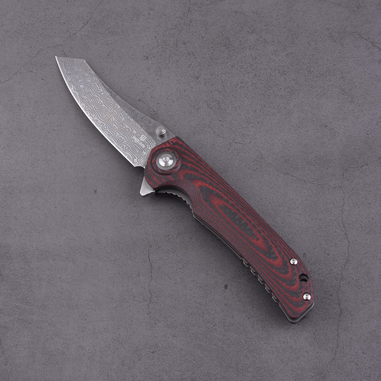 Shieldon Folding Pocket Knife Tortank 9Cr18Mov 67-Layer Damascus Steel Blade G10 + Carbon Fiber Handle 7091D1